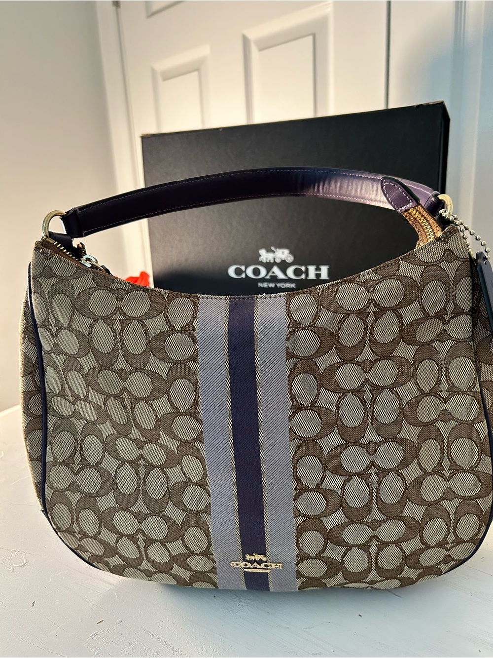 Coach Brown Signature Canvas Hobo with Purple Center Stripe Vintage